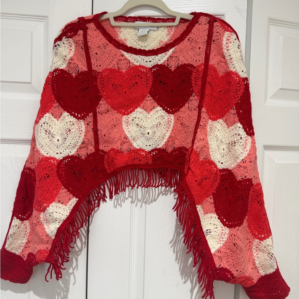 House of Harlow 1960 Red Pink Cream Crocheted Heart Fringe Sweater